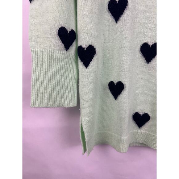 J.Crew Cashmere Heart Print Mint Green Navy Sweater XS Crewneck Soft Cozy - Picture 8 of 12